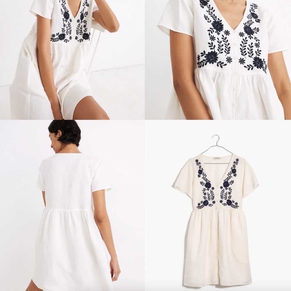 Madewell Linen White Dress with Blue Floral Embroidery